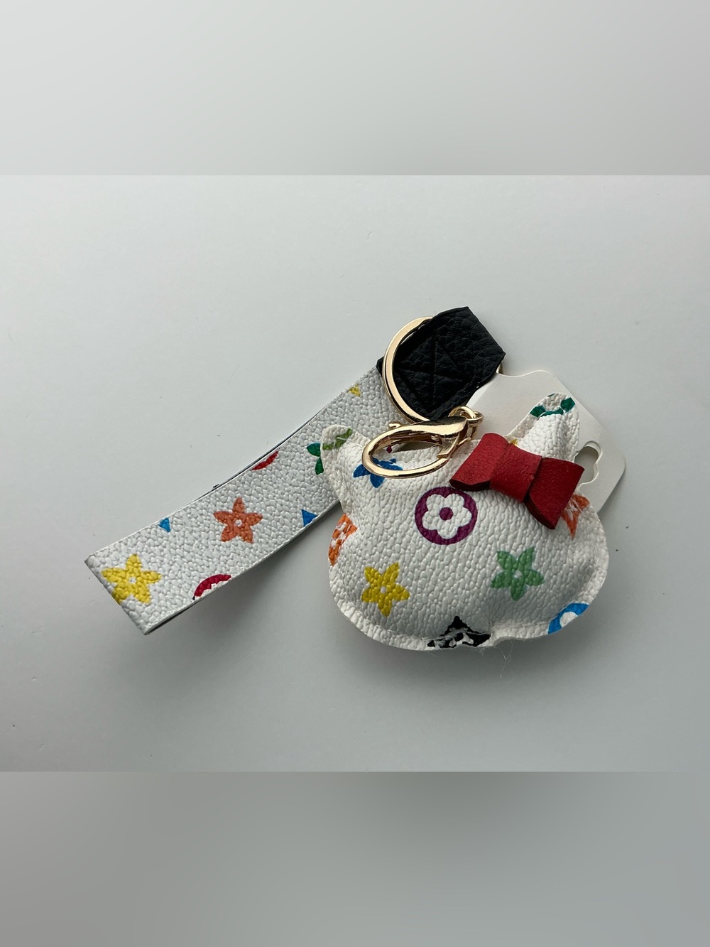 White Multicolor Cat Head With  Bow Charm Keychain Wristlet